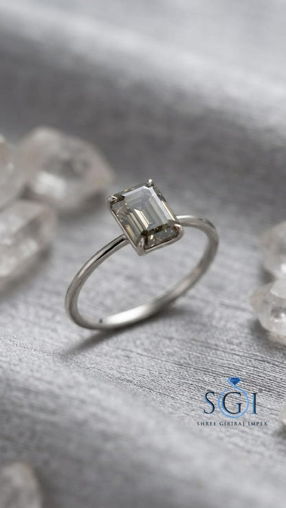 2.50 Carat Grey Emerald Cut Moissanite Ring 9x7mm / Lab Created Moissanite Ring