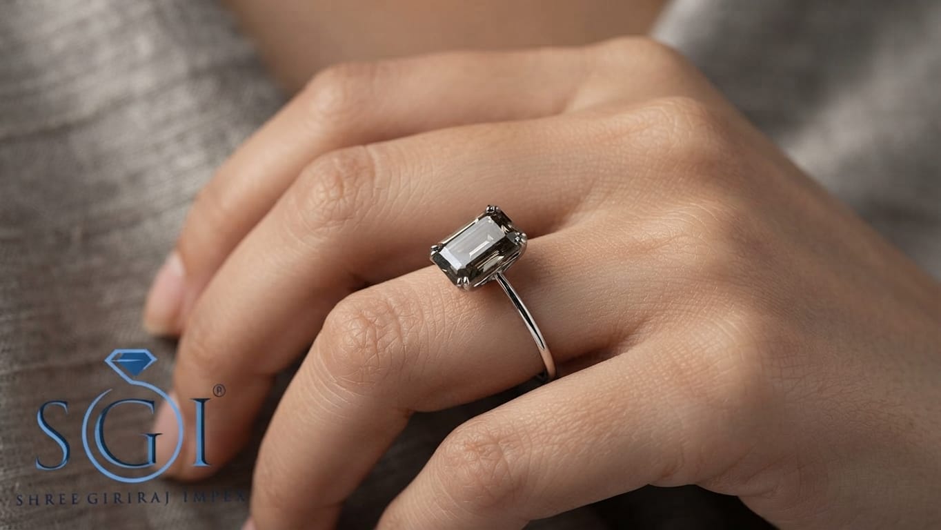 2.50 Carat Grey Emerald Cut Moissanite Ring 9x7mm / Lab Created Moissanite Ring