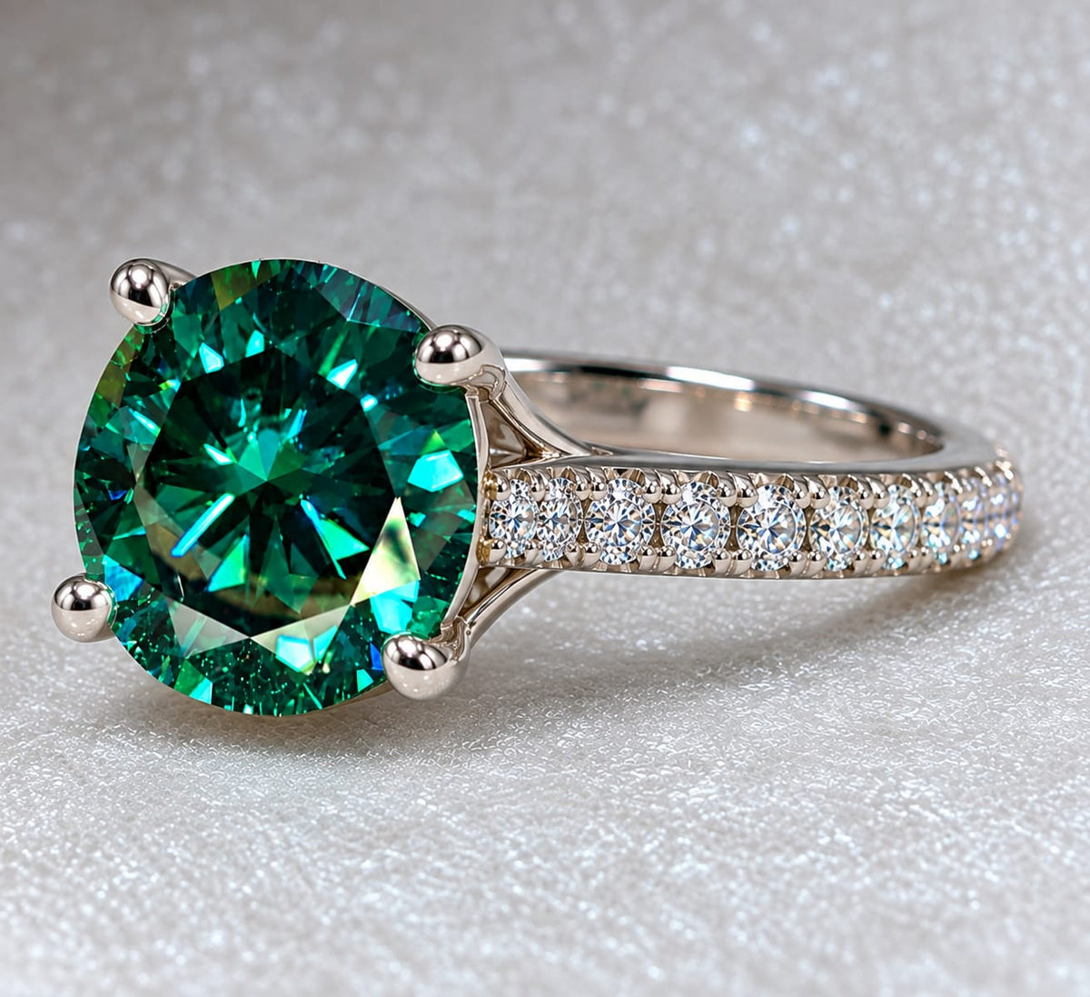 4.20 CTW Round Green & White Moissanite Ring | Premium White Gold Halo Ring | Lab-Created Fine Jewelry