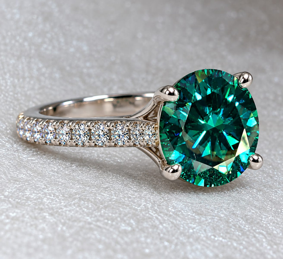 4.20 CTW Round Green & White Moissanite Ring | Premium White Gold Halo Ring | Lab-Created Fine Jewelry