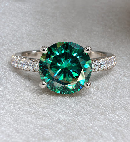 4.20 CTW Round Green & White Moissanite Ring | Premium White Gold Halo Ring | Lab-Created Fine Jewelry