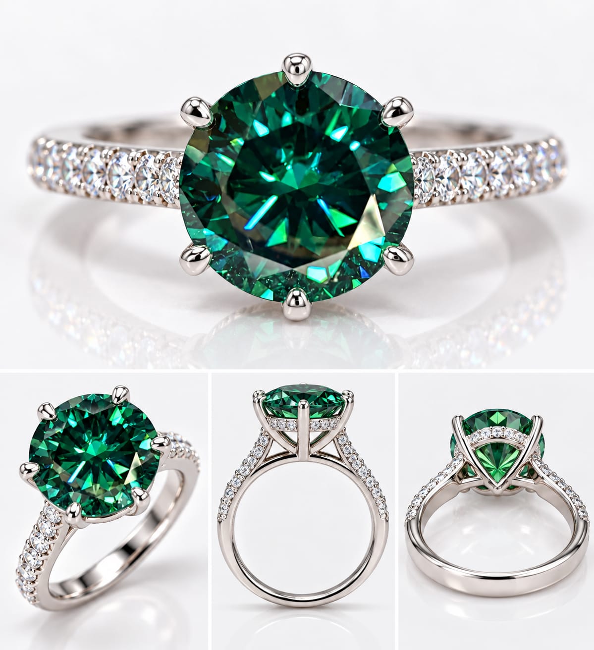 4.20 CTW Round Green & White Moissanite Ring | Premium White Gold Halo Ring | Lab-Created Fine Jewelry