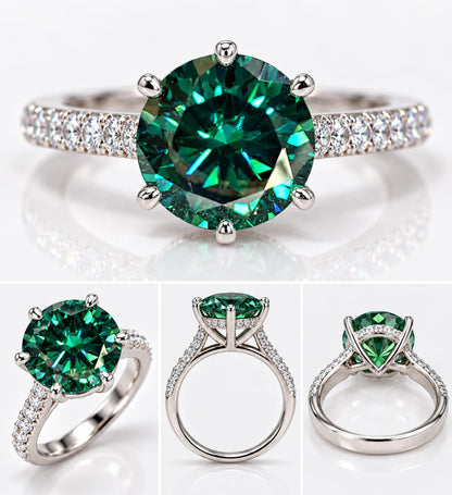 4.20 CTW Round Green & White Moissanite Ring | Premium White Gold Halo Ring | Lab-Created Fine Jewelry