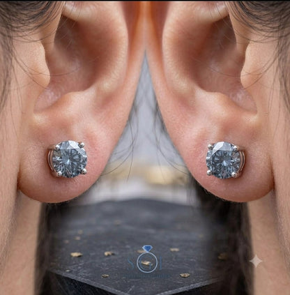 **5 CTW Blue Moissanite Diamond Stud Earrings | 8mm Round 2.5 CT Each Blue Lab Created Diamond Earrings**