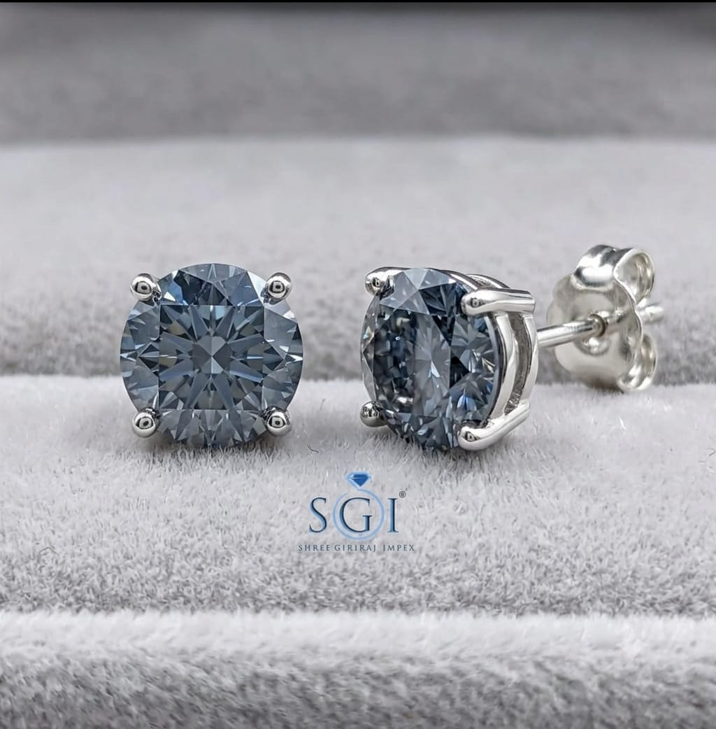 **5 CTW Blue Moissanite Diamond Stud Earrings | 8mm Round 2.5 CT Each Blue Lab Created Diamond Earrings**
