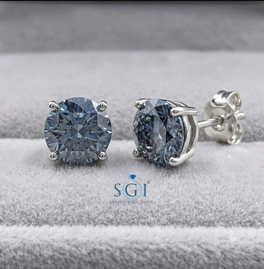 **5 CTW Blue Moissanite Diamond Stud Earrings | 8mm Round 2.5 CT Each Blue Lab Created Diamond Earrings**