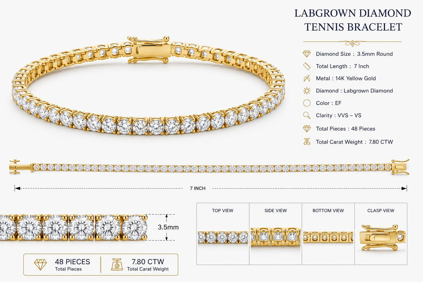 7.80 CTW Lab Grown Diamond Tennis Bracelet 14K Yellow Gold 7 Inch 48 Round Diamonds 3.5mm EF VVS-VS Clarity