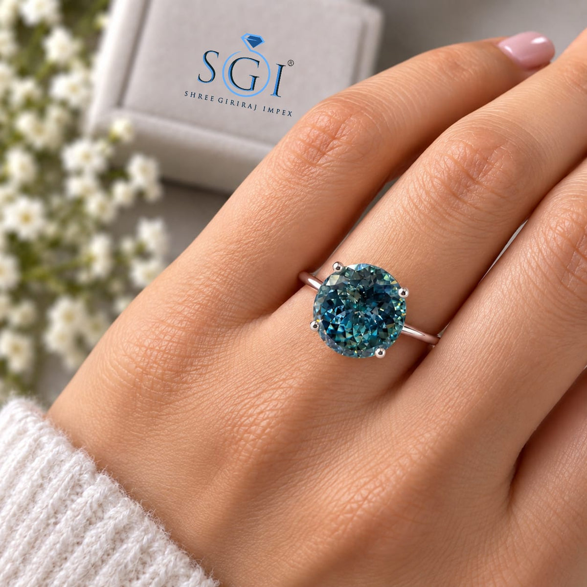 6.50ct Celestial Blue Moissanite Ring 12mm Round Portuguese Cut, Blue Statement Ring, Unique Lab Created Gemstone Jewelry, Custom Fine Ring