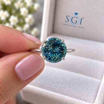 6.50ct Celestial Blue Moissanite Ring 12mm Round Portuguese Cut, Blue Statement Ring, Unique Lab Created Gemstone Jewelry, Custom Fine Ring