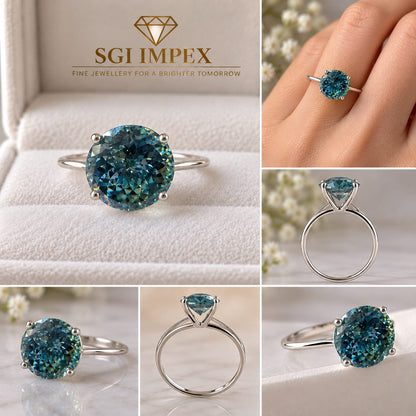 6.50ct Celestial Blue Moissanite Ring 12mm Round Portuguese Cut, Blue Statement Ring, Unique Lab Created Gemstone Jewelry, Custom Fine Ring