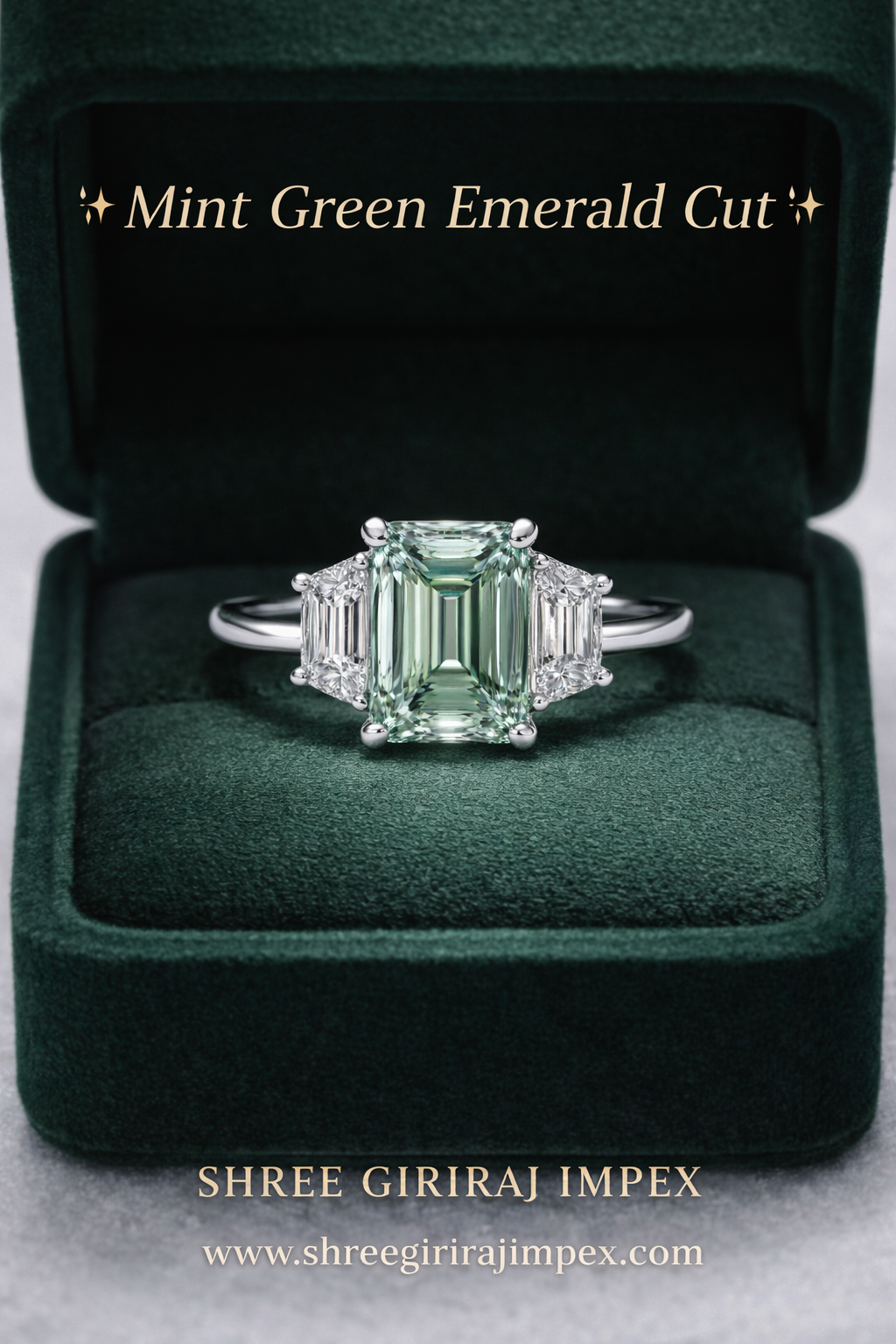 5.20 Ct Mint Green Emerald & Trapezoid Moissanite 3 Stone Gold Ring – Luxury Designer Jewellery