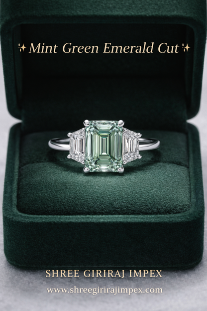 5.20 Ct Mint Green Emerald & Trapezoid Moissanite 3 Stone Gold Ring – Luxury Designer Jewellery