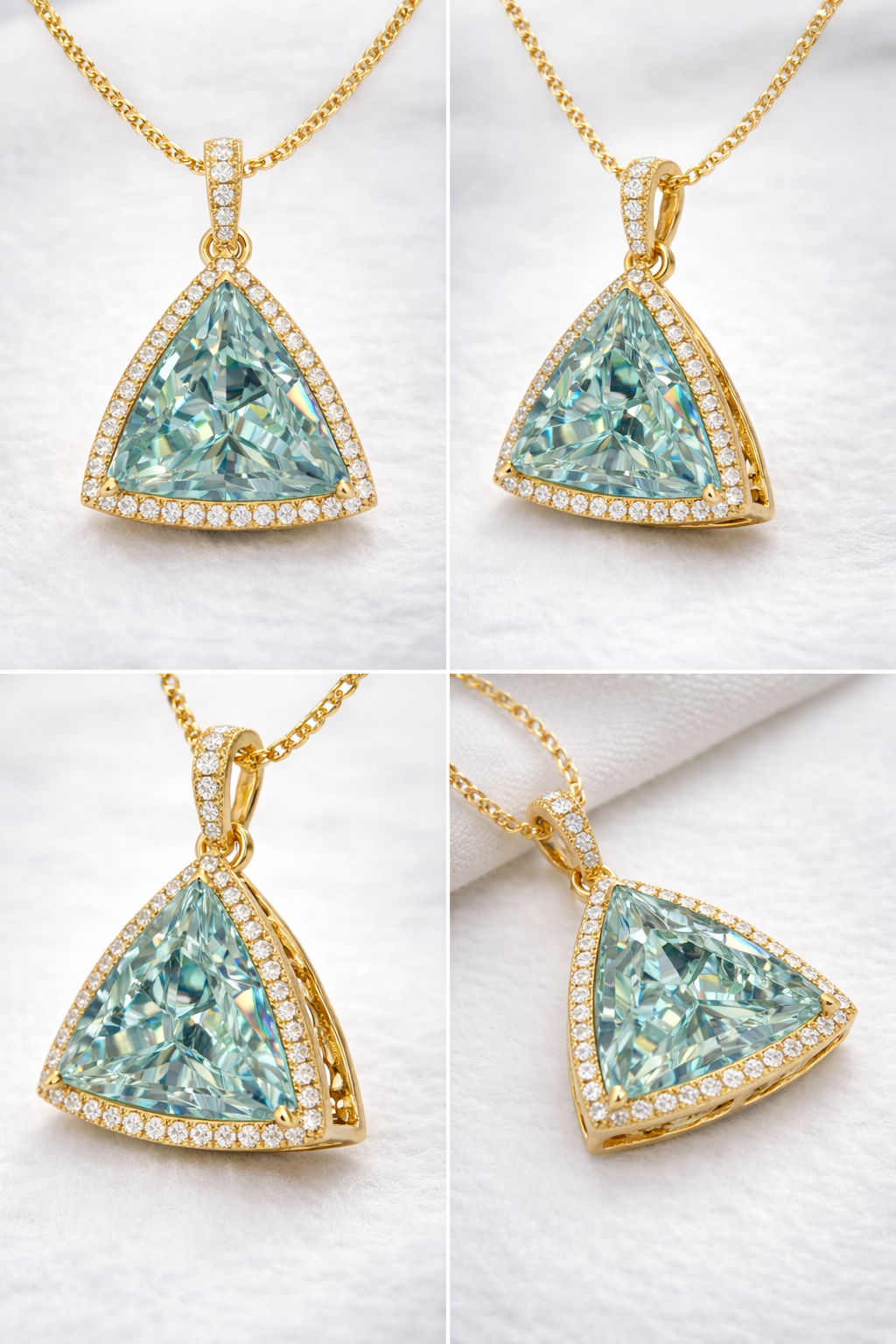 Luxury 14mm Triangle Aqua Blue Moissanite Diamond Pendant in Solid Gold