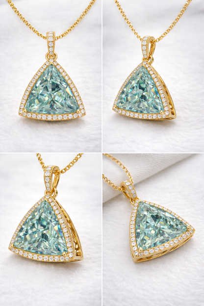 Luxury 14mm Triangle Aqua Blue Moissanite Diamond Pendant in Solid Gold