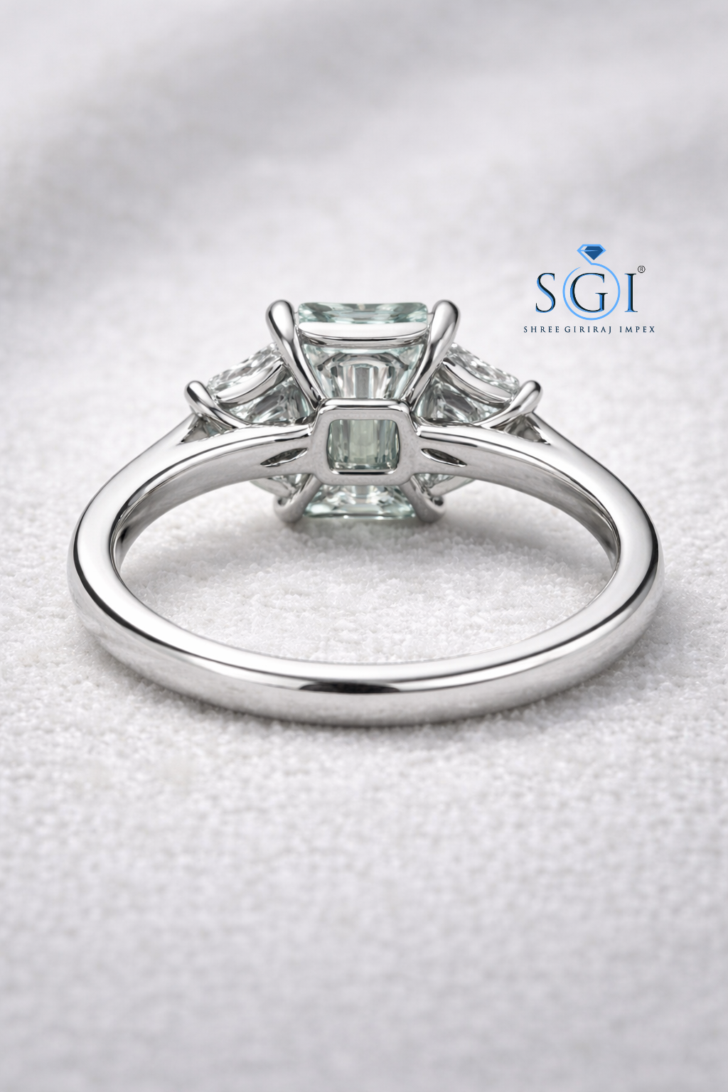 5.20 Ct Mint Green Emerald & Trapezoid Moissanite 3 Stone Gold Ring – Luxury Designer Jewellery