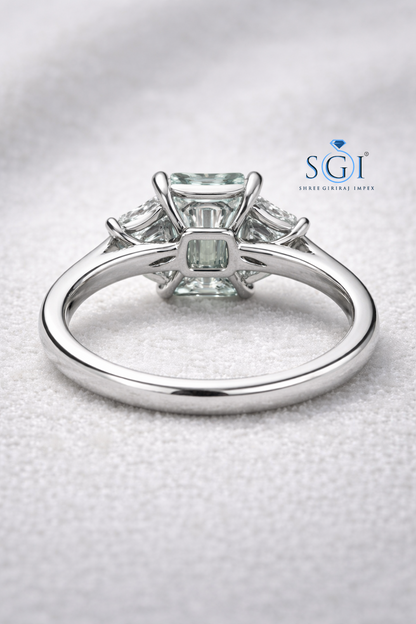 5.20 Ct Mint Green Emerald & Trapezoid Moissanite 3 Stone Gold Ring – Luxury Designer Jewellery
