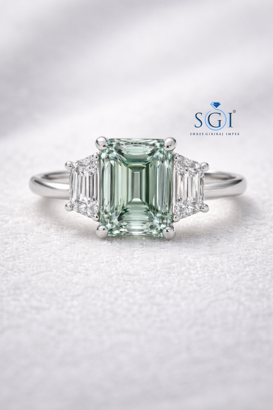 5.20 Ct Mint Green Emerald & Trapezoid Moissanite 3 Stone Gold Ring – Luxury Designer Jewellery