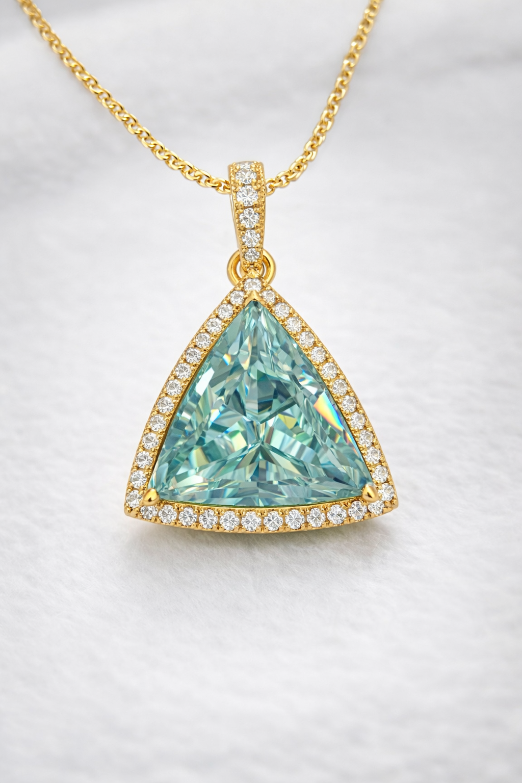 Luxury 14mm Triangle Aqua Blue Moissanite Diamond Pendant in Solid Gold