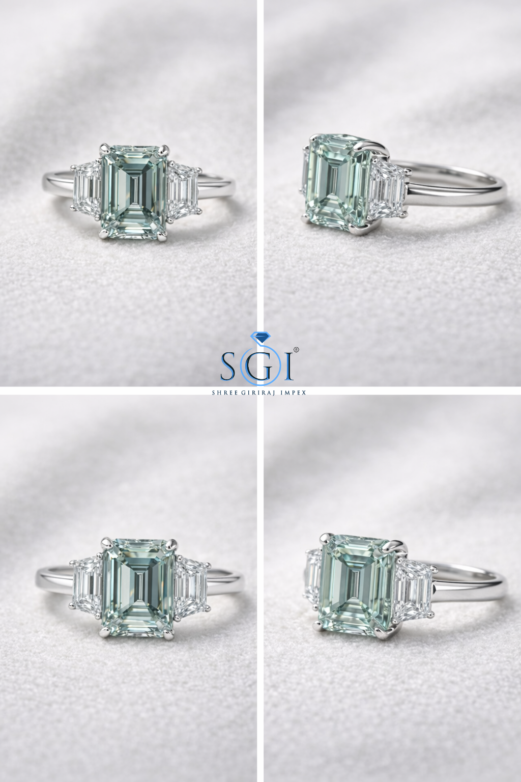 5.20 Ct Mint Green Emerald & Trapezoid Moissanite 3 Stone Gold Ring – Luxury Designer Jewellery