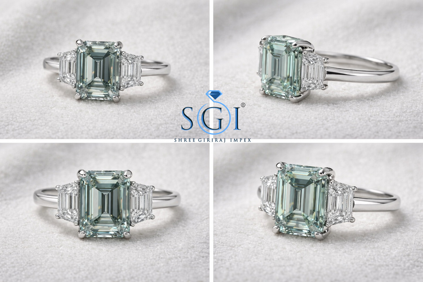 5.20 Ct Mint Green Emerald & Trapezoid Moissanite 3 Stone Gold Ring – Luxury Designer Jewellery