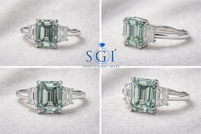 5.20 Ct Mint Green Emerald & Trapezoid Moissanite 3 Stone Gold Ring – Luxury Designer Jewellery