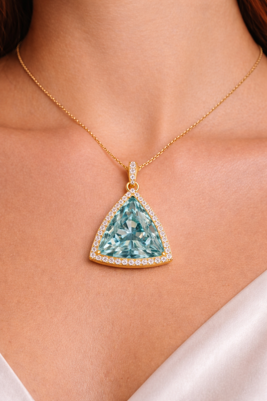 Luxury 14mm Triangle Aqua Blue Moissanite Diamond Pendant in Solid Gold