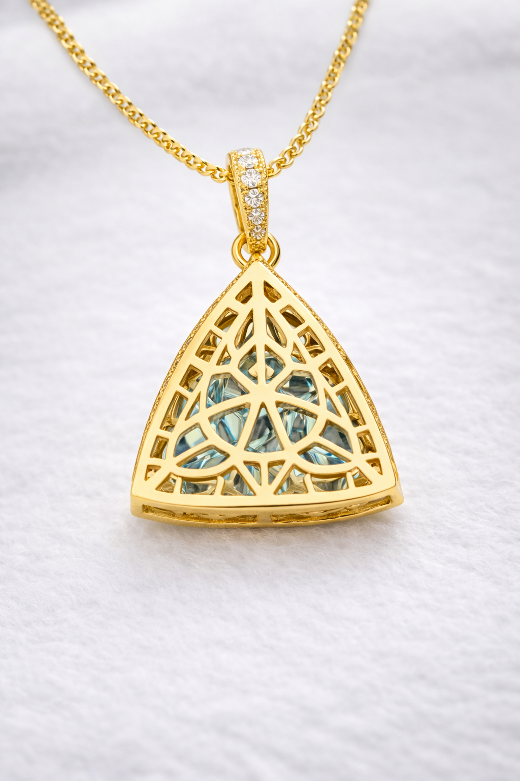 Luxury 14mm Triangle Aqua Blue Moissanite Diamond Pendant in Solid Gold