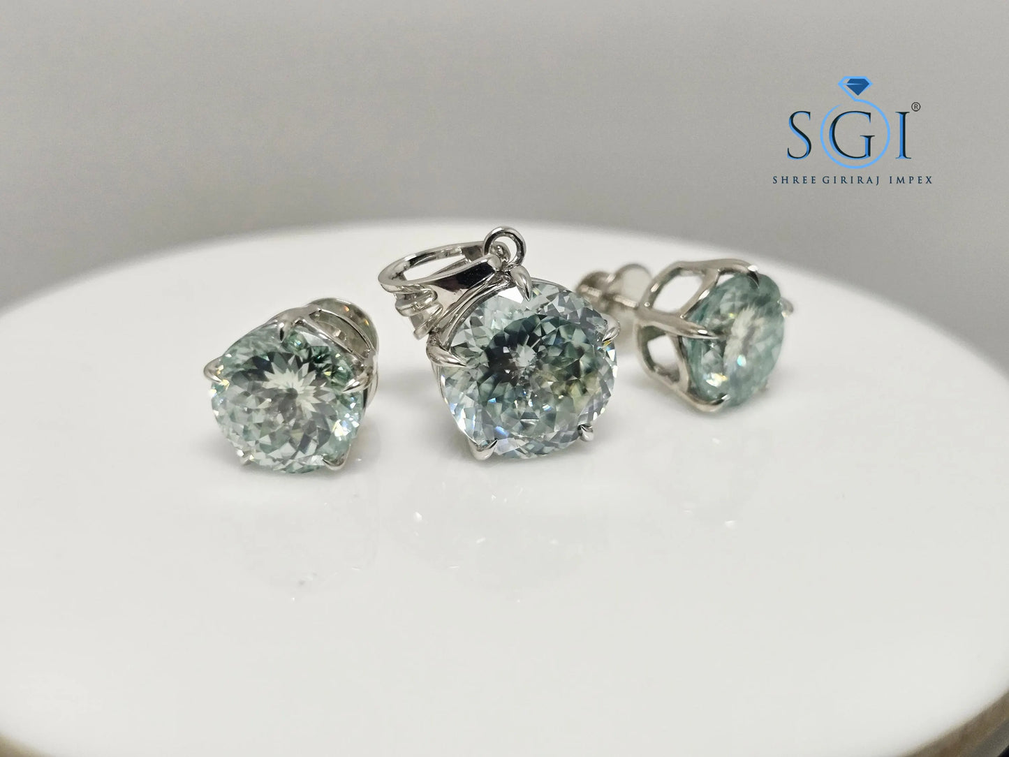 Aqua Blue Moissanite Jewelry Set: White Gold Earrings & Pendant