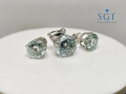 Aqua Blue Moissanite Jewelry Set: White Gold Earrings & Pendant