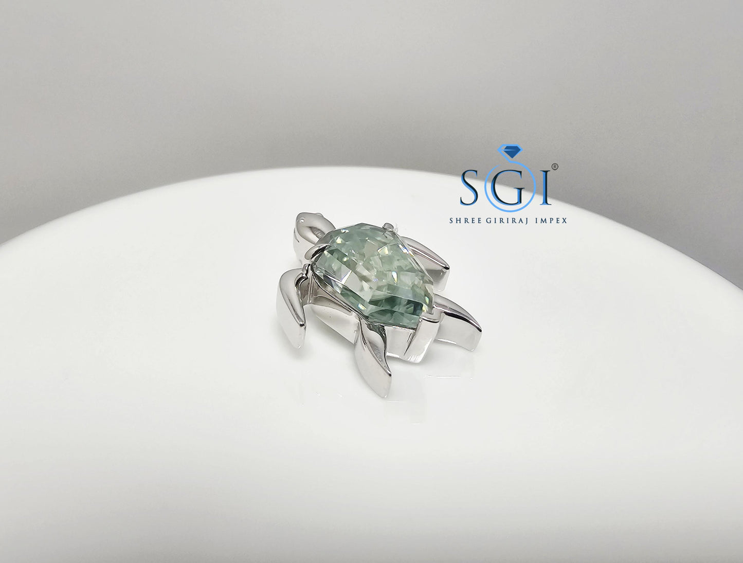 Light Green Moissanite Turtle Pendant: Step Cut Pear Shape, 6.29 Ct