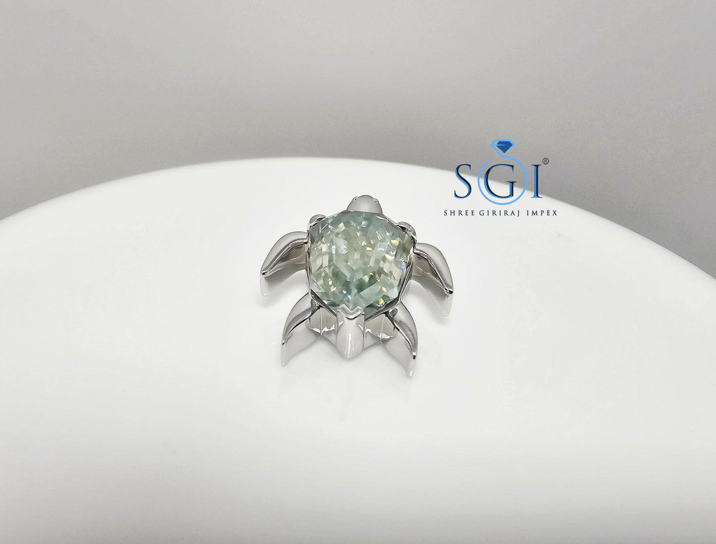Light Green Moissanite Turtle Pendant: Step Cut Pear Shape, 6.29 Ct