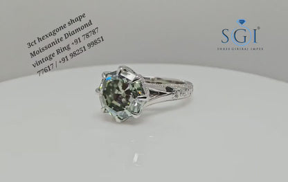 Elegant 3Ct Natural Green Octa Hexagon Moissanite Ring in Silver Vintage StyleJewelry