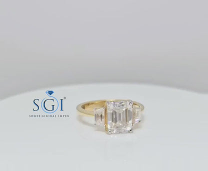 Elegant Emerald Cut Moissanite Engagement Ring – 3-Stone Yellow Gold Setting