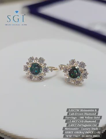 5.05 CTW Lab Grown Diamond & Portuguese Moissanite Stud Earrings, 18K Yellow Gold Luxury Earrings, CVD Diamond Jewelry, Fine Gift for Her