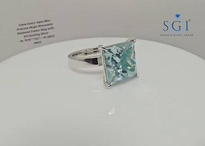9.75ct Aqua Blue Princess Cut Moissanite Ring – 12mm Solitaire Unisex Luxury Statement