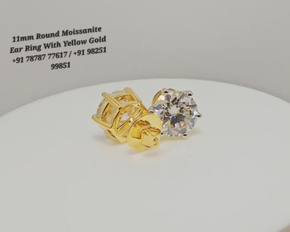 Yellow Gold 11mm Round Moissanite Earrings — 5 Carat Each Solitaire D VVS1