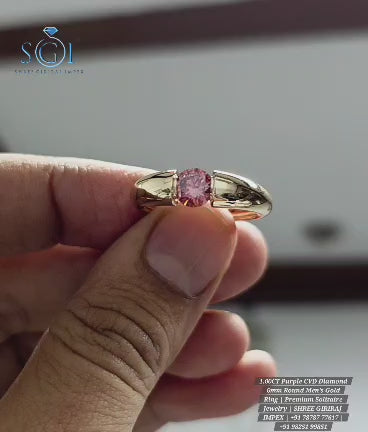 1.00 CT Purple CVD Lab Grown Diamond Men’s Ring, 6mm Round Solitaire Gold Ring, Modern Men’s Engagement Jewelry, Luxury Gift for Him
