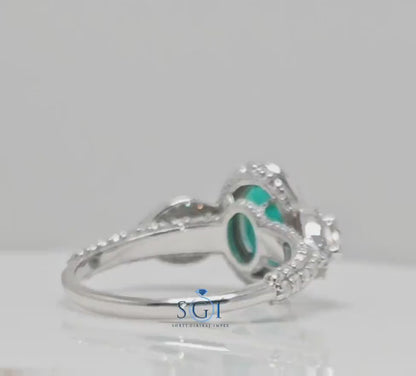Lab Emerald Halo Ring: Moissanite Accents, Gold or Silver Engagement
