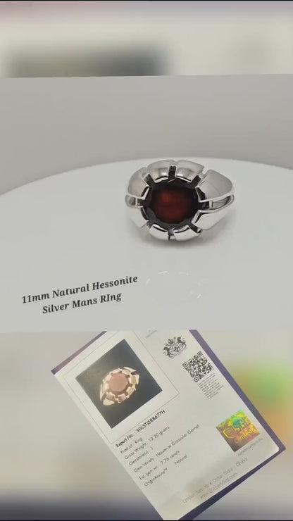 Handmade Men’s Sterling Silver Ring – 11mm Natural Hessonite Garnet, Portuguese Cut