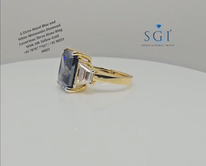 18K Gold Three Stone Ring: 4.52ct Royal Blue Moissanite Engagement Jewelry
