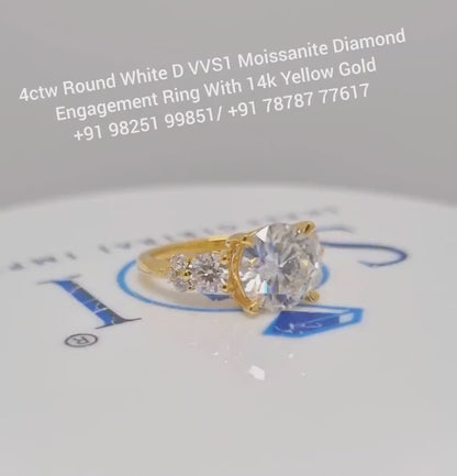 Yellow Gold Moissanite Engagement Ring – 4 CTW Round Cut with Side Stones