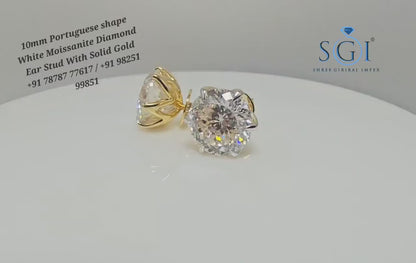 10mm White Portuguese Cut Moissanite Stud Earrings – 8.41ct in Solid Gold, Claw Prong & Push-Back