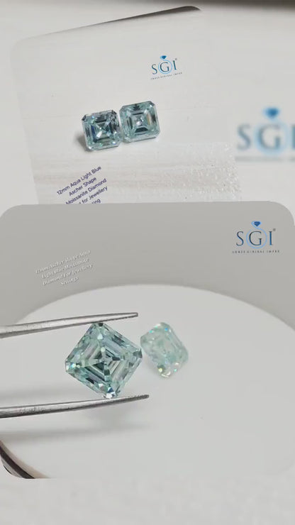 12mm Aqua Light Blue Asscher Shape Moissanite Loose Stone — Ideal for Rings, Earrings & Pendants