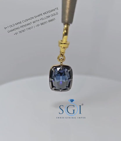 Royal Blue Moissanite Pendant: 3ct Old Mine Cushion, Yellow Gold