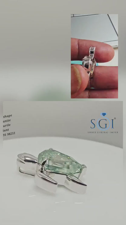 Light Green Moissanite Turtle Pendant: Step Cut Pear Shape, 6.29 Ct