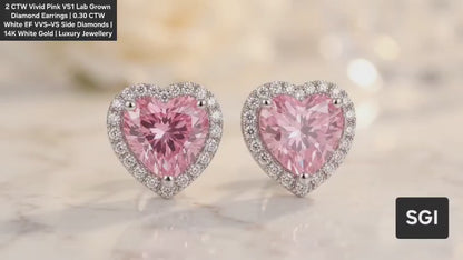 2 CTW Fancy Pink Heart Shape Lab Grown Diamond Earrings with 0.30 CTW White Diamond Accents | VS1 Fine Jewelry