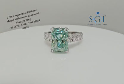 3ct Aqua Blue Moissanite Diamond – Radiant Cut Solitaire Ring for Men & Women"