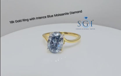 2CT Royal Blue Moissanite Oval Solitaire Ring: VVS1 Clarity, Solid Gold