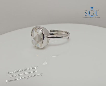 3.5ct Cushion Rose Cut Moissanite Engagement Ring: Adjustable Bezel Setting