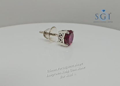 Men's White Gold Ruby Stud – 1 Carat Portuguese Shape Lab-Grown Solitaire Earring (6.5mm)